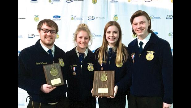 Special photo. The Minneota Livestock Evaluation team includes: (left to right) Gared Moorse, Carly Van Keulen, Rachel Vlaminck and Brenden Kimpe.