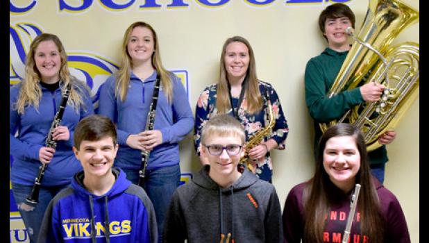 Special Photo. Senior High Honor Band participants from Minneota were: (front row, left to right) Reid Fier, Jacob Haen and Kathrin Walerius. Back Row: Brooklynn Downing, Sydney Larson, Laura Knutson and Joshua Myhre.