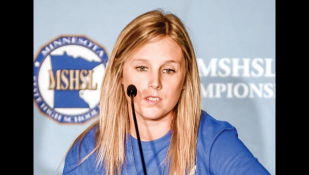Photo for the Mascot by Brian Jeremiason. Minneota Volleyball Coach Hayley Fruin in a press conference after a state tournament game. She’s now one of a long line of former Viking players seeking coaching careers.