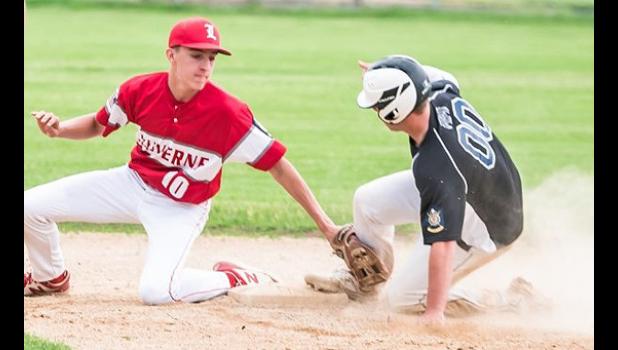 Mascot photo by Brian Jeremiason Isaac Pohlen (00) steals second base in the fourth inning against Luverne last Thursday in Minneota.