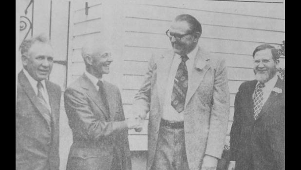 Contributed photo From left to right: Hemnes Lutheran Church Council member Arthur Jeremiason, and Council President Raymond Myrvik visit with Rev. Silas Erickson of Evertt, Wash. and Rev. Chester Hoversten of Brainerd when the Hemnes congregation observed its 100th anniversary on Sunday, June 18, 1972. The two ministers spoke during services. Rev. Erickson is the son of former Hemnes minister Rev. Edward Erickson.
