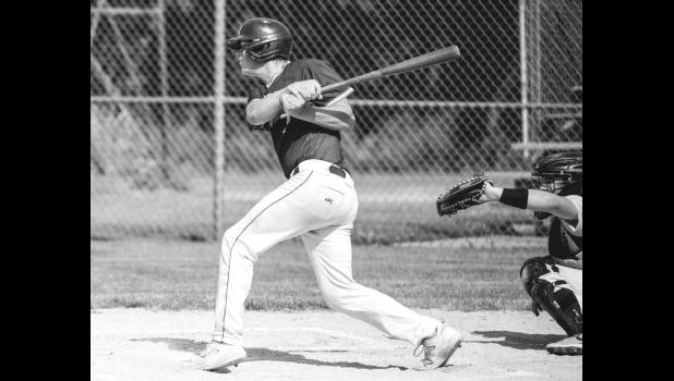Mascot photo by Brian Jeremiason AJ Myhre belts a double for one of his two hits against the Clinton Cardinals on Saturday.