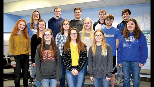 Special Photo. Jazz Band members getting awards were: Front Row: Liz Voit, Cecilia Rabaey and Rachel Engels. Second Row: Natalie Bot, Molly Krog, Laney Myhre, Abby Rost, Trevor Belaen and Alyssa Engels. Third Row: Audra Buysse, Dylan DeSmet, Braxton Downing, Thomas Belaen and Reid Fier. Not pictured: Em Fischer.