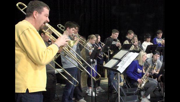 Staff Photo by Byron Higgin. Minneota’s Pep Band gets the party started before and often during the basketball games this winter.
