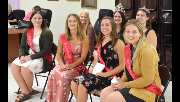 Contributed photo. The four queen candidates gave speeches to the judges during the judging last week. They are (front row, left to right): Ava Larson, Morgen Wersal, Ellen Meagher and Brooke Moorse. Last year’s royalty also attended and they are (back row, left to right): First Princess Klaire Banks, Queen Jodi Buysse and Second Princess Raeann Bruner.