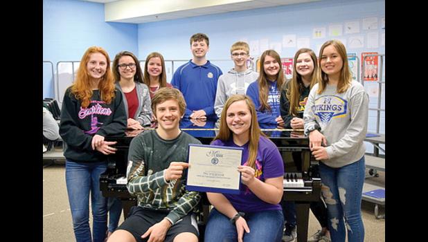 Special Photo. The vocal winner are: Piano Bench: Sebastiano Beraldo and Kim Bloch. Left to right, back row: Natalie Bot, Cecilia Rabaey, Molly Krog, Jackson Jeremiason, Jacob Haen, Emma Lipinski, Katie Walerius and Jada Sterzinger.