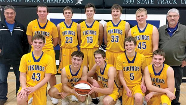 Special photo. The Vikings are: (front row, left to right) Nolan Boerboom, Isaac Hennen,Thomas Hennen, Jared Josephson and Grady Moorse. Back: Assistant Coach Mike Hennen, Logan Sussner, Alex Saltzer, Jacob Hennen, Tristan Sorensen, Mitchell Rost and Coach Dave Busselman.