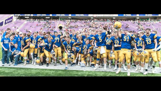 Mascot photo by Brian Jeremiason Minneota players celebrate a second straight Class A state title on Friday at U.S. Bank Stadium. Mascot photo by Brian Jeremiason
