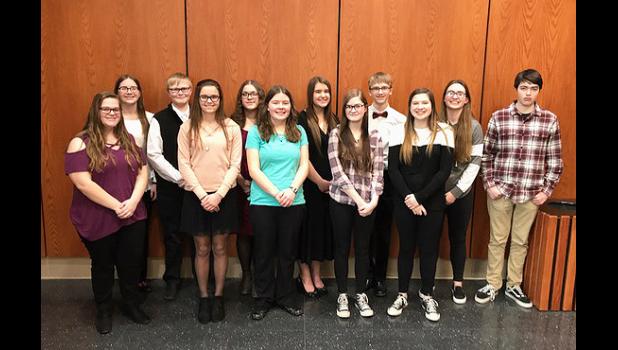 Special photo. Minneota members of the Honor Band were: (Left to right) McKenna Moorse, Autumn Dovre, Joe Voit, Cecilia Rabaey, Laney Myhre, Alyssa Engels, Emma Lipinski, Liz Voit, Jacob Haen, Katie Walerius, Audra Buysse and Josh Myhre.