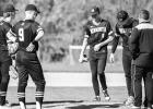 Minneota coach Keven Larson visits the mound to discuss strategy with his players last Thursday in Minneota. 