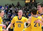 When Jacob Hennen's last-second shot fell it for a Minneota Viking victory, he was hoisted by Isaac Hennen as Jarod Josephson and Logan Sussner (13) joined the celebration.