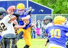 Minneota's Cole VanOverbeke and (left) and Logan Sussner (10) broke free to put pressure on Dawson-Boyd quarterback Jake Lee.