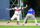 Photo for the Mascot by Sue Jacobson. Jesse Drager was safe at third as he avoided the Castlewood, SD Monarch third baseman Trey Schmidt.
