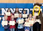 Elementary Viking Valor students are: (front row, left to right)  Winston Strand, Aubree Myhre, Brycen Myhre, Brynley DeSmet and Ella Laleman. Back: Jasmine Peterson, Dakota Pesch, Quinton Anderson and Mike The Vike.