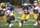 Minneota linemen open a huge hole for Ryan Meagher (20) to run through en route to the senior gaining over 200 yards rushing on Friday against BOLD. 