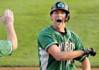 Luke Dolan hit a home run for the Milroy Irish and celebrated with teammates when he go to home plate. The Irish defeated Henderson 11-1 to advance to the second round of the playoffs this coming weekend.