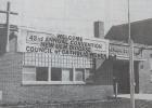 A banner was hung on the former St. Eloi Catholic School to welcome those attending.