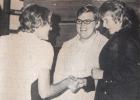 Sandy Smith, right, who was in her first year as Minneota High School volleyball coach, is congratulated by the head coach of Ruthton following the Vikings' win on Oct. 24, 1974. The referee of that match (name unavailable) looks on. Smith was honored last week as the volleyball program celebrated its 50th anniversary. See Page 1.