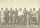 The Minneota Brownies semi-professional baseball team posed for a photo in 1909 at the ballpark where Riverside Park is now located. Left to right: Garfield Jaeger, William Crowe, Nick Nicholson, Victor Josephson, Fritz McGowa, W.P. Tillemans (manager), Henry Heasel, Baldur Dalmann, Herman Groezinger, Marvin Hanson.