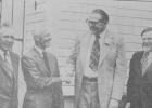From left to right: Hemnes Lutheran Church Council member Arthur Jeremiason, and Council President Raymond Myrvik visit with Rev. Silas Erickson of Evertt, Wash. and Rev. Chester Hoversten of Brainerd when the Hemnes congregation observed its 100th anniversary on Sunday, June 18, 1972. The two ministers spoke during services. Rev. Erickson is the son of former Hemnes minister Rev. Edward Erickson. 