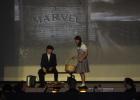 Winifred Swedzinski, right, portraying Dorothy, visits Professor Marvel, played by Noah Harms in a preview of the musical “The Wizard of Oz” shown to the Minneota students on Tuesday morning.
