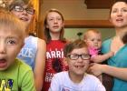 The Myhre family during filming of one of their parody songs for the St. Edward School virtual talent show/ Left to right: Frankie, 7; Sam 11; Elena, 13; Charlie, 7; Olivia, 11 months; and Teresa. 
