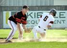 Mudhen Alex Pohlen (right) slid into second safely with a stolen base in the fifth inning after he'd singled. The ball hadn't quite arrived (right) as Milroy Yankee Zach Felcyn waited for it.