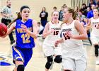 Natalie Rolbiecki drove up court against BOLD's Makayla Snow (13) and past Brenna Weis (15). Lizzy Gillingham and Morgan Kockelman (right) also were busting toward the basket.
