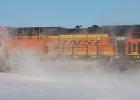 You have to squint to watch the train going by along Highway 23, kicking up snow as it goes — but you could almost read, “The Polar Express” from the movie by the same name. 