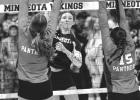  Sophie Gillund of Minneota, center, attacks through a double block set up by the Tracy-Milroy-Balaton defense last Thursday night in Minneota.