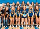 The 2026 Minneota varsity volleyball team. Back row, left to right: Assistant coach Shelby Domeier, assistant coach Ireland Stassen, Madison Minnehan, Sydney Hennen, Libby Sussner, Jaylyn Coequyt, Leah Coequyt, Grace Horner, Sophie Gillund, Brek Fier, Elise Hennen, head coach Kaley Buysse, assistant coach Emily Citterman. Front row, left to right:  Brooklyn Ryer, Kaylee Schmidt, Ava Rost, Eden Meagher, Autum Anderson, Brynn Rost, Niara Gorecki, Addy Kiley. Mascot photo by Brian Jeremiason