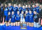 The 2022 Class A State Volleyball Champion Minneota Vikings. Front row, left to right: Nevaeh Hennen, Lyssa Kremin, Abby Rolbiecki, Lyzah Sussner, Grace Hennen, Faith Myhre, Shelby Neyens (student manager). Back row, left to right: Dana Peterson (assistant coach), Emily Citterman (assistant coach), Kenadi Arndt, Ireland Stassen, Megan Krog, Dakoda Hennen, Sarah Gruenes, Elivia Faris, Emma Bottelberghe, Ella Johnson, Hayley Fruin (head coach). 