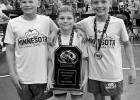 These three local youth wrestlers competed for Team Minneota and finished fourth in the nationals in Greco-Roman and fifth in Freestyle this past weekend. Left to right: Drew Fier, Huxtin Anderson, Harrison Schuelke. 