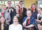 Minneota competitors at the Willmar Cardinal Speech meet on Saturday pose for a photo. Front row, left to right, Alyssa Engels, Cora Fischer, Carson Becker. Middle row, left to right: Wyatt Pohlen, Joey Clark, Reagan Bierschenk, Melanie Engels. Back row, left to right: Joe Voit. Thoms Belaen, Emma Lipinski.
